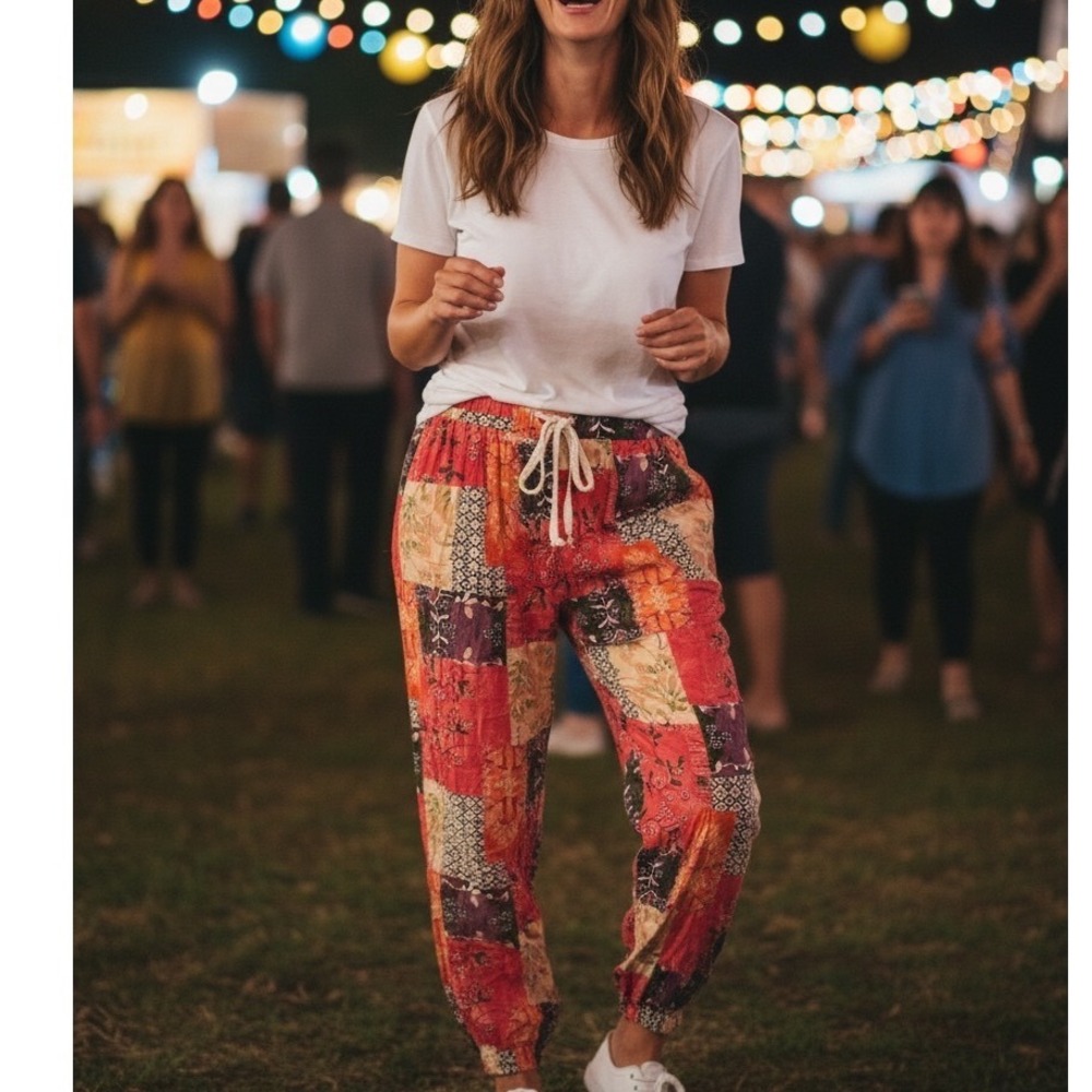 POL Womens Patchwork Floral Rayon Jogger Pants Red Orange Boho Lg Festival